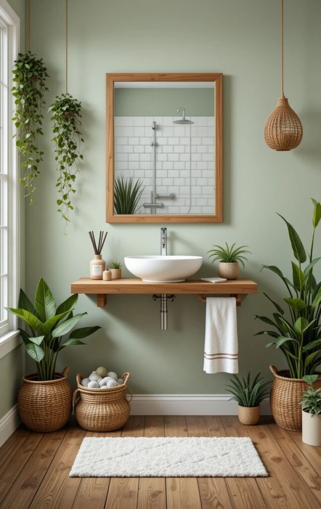 Green Bathroom with Natural Wood Accents