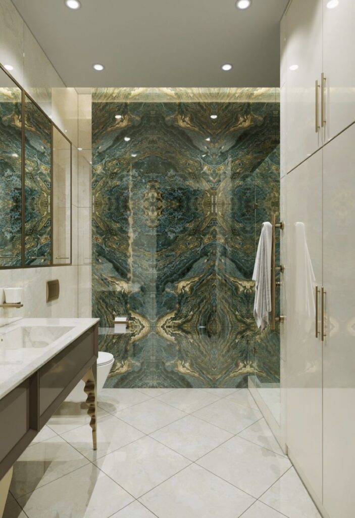 Green Bathroom with Stone or Marble Details
